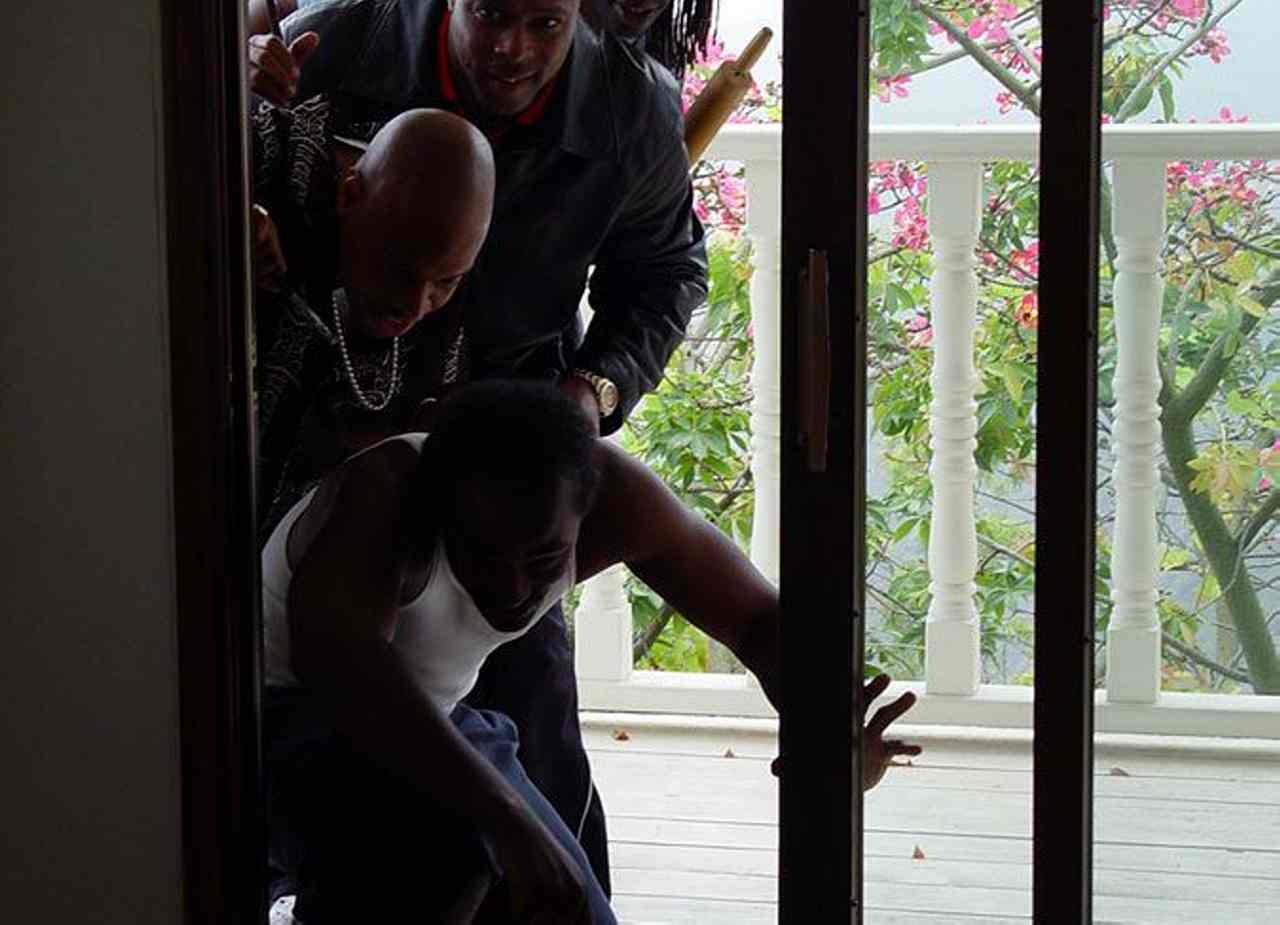 Nerdy blonde in pigtails takes it hard from black guys on lawn by pool